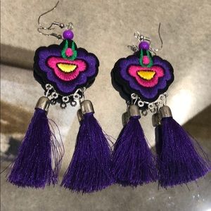 Purple And Silver Dangly Tassel Earrings